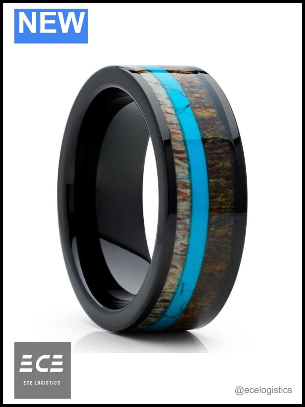 Tungsten Carbide Wedding Band Deer Antler Turquoise Inlay 8mm Ring Size 7